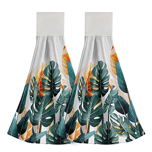 Giwawa Palm Leaves Hanging Kitchen Towels Tropical Leaf Dish Cloth Tie Towels 2 Pcs Hand Towel Tea Bar Dry Towel For Bathroom Laundry Room #TOP29