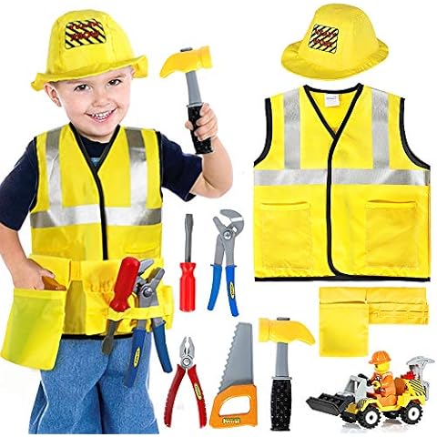 Tacobear Construction Worker Costume for Kids Engineering Role Play Dressing Up Costumes with Play Tools and Vehicle Toys for Children Boys 3 4 5 6 7 8 Years Yellow Cover
