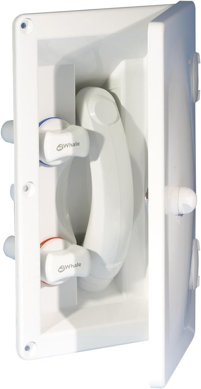 Whale Swim ‘n’ Rinse Transom Shower, Hot and Cold Water, Lockable Hinged Cover, White ABS Housing, 7 Feet Hose RT2658