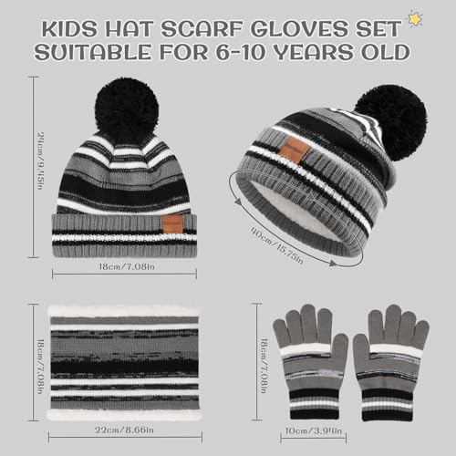 Image of Kids Winter Hat Gloves Scarf Set: Girls Boys Beanie Fleece Lined Ages 6-10