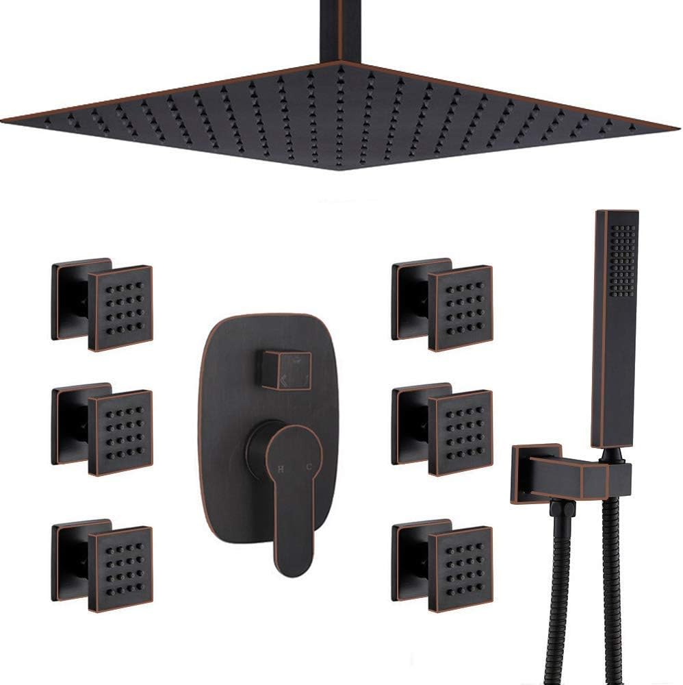 AYIVG Bathroom Square 12 Inch Ceiling Rainfall Shower Faucet System With 6 PCS Body Jets Mixer Set (Wall Mount, Black) - - 