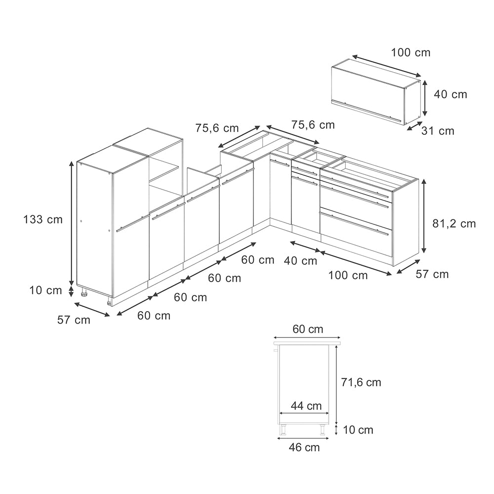 Vicco Kogoszczona kuchnia "R-Line", Antracyt wiejski/Biały 327 x cm