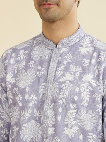Image of Manyavar Men's Cotton Blend Floral Print Full Sleeves Long Kurta Pyjama Set (2pcs)