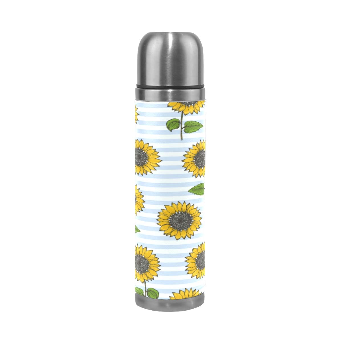 Taza de viaje de acero inoxidable con aislamiento al vacío, doble pared, a prueba de fugas, diseño de girasoles, estampado a rayas azules, con estampado personalizado de piel auténtica, 500 ml