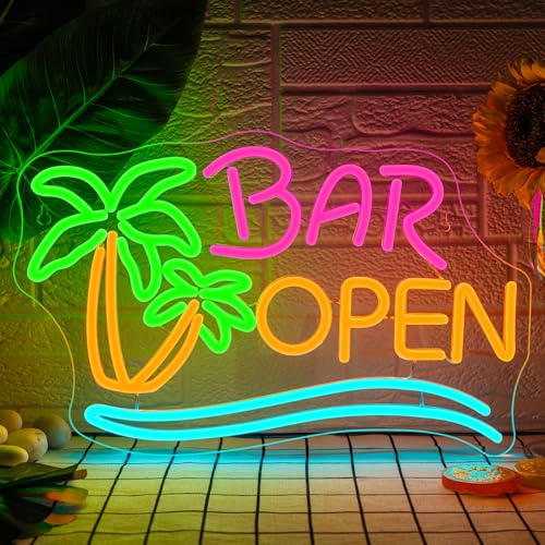 SIGNSHIP Bar Open Palm Tree Neon Light Sign Dimmable for Wall Decoration Neon Sign Open Sign Light Led Signs Wall Decor for Bar Tavern Club Party Gift