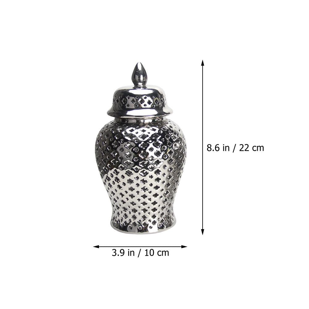 Luxshiny Traditional Pierced Ginger Jar with Lid, Carved Lattice Decorative Temple Jar Ceramic Ginger Jars Hollow Out Vase for Home Office Party Decor Silver