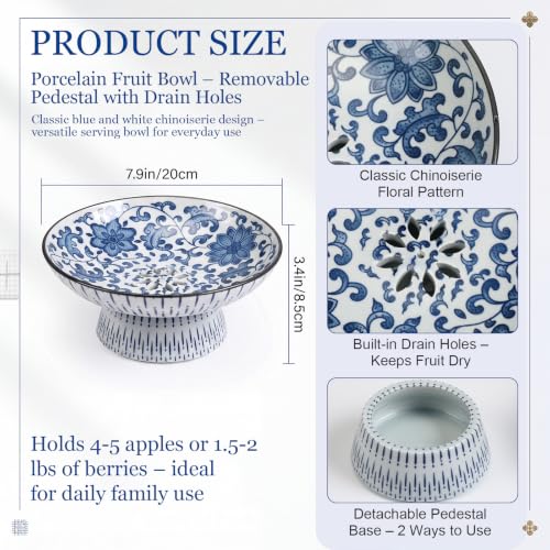 Ferrochef Blue and White Ceramic Fruit Bowl with Drainage Holes, 7.9" Blue and White Porcelain Fruit Basket with Removable Pedestal, Chinoiserie Floral Decor Decorative Fruits Bowl for Kitchen Decor by Ferrochef - Used condition - Image 3