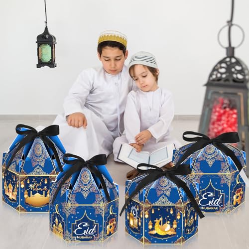 Jremreo 12 Pack Ramadan Eid Mubarak Treat Boxes - Gold Lantern and Moon Design, Hexagonal Paper Boxes with Ribbons, Muslim Holiday Party Candy Containers for Eid Al-fitr - Image 5