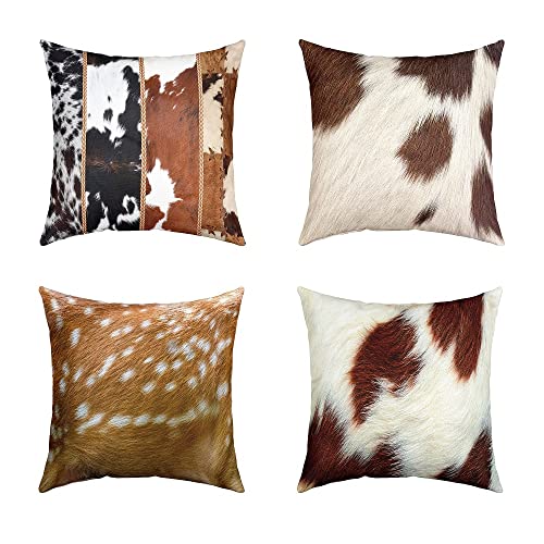 Set Of 4 Cow Fur Throw Pillow Covers 20X20 Spotted Deer Pillow Covers Cowhide Vintage Farmhouse Cushion Covers Western Cowboy Patchwork Elk Deer Living Room Decorative Pillow Covers #TOP28