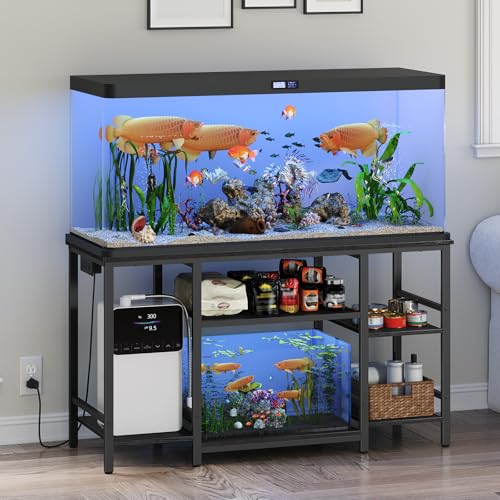 MAHANCRIS 55-75 Gallon Fish Tank Stand with Power Outlet, 3-Tier Metal Frame Aquarium Stand, Heavy Duty Reptile Terrarium Tank Stand, 52.0