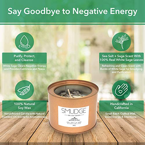 Big Lost Goods Smudge Candle: Sea Salt & Sage Scented With Real White Sage Leaves & 100% Natural Soy Wax (10 Oz Tin). Use For: Smudging, Energy Cleansing, Purification, Aromatherapy #TOP2