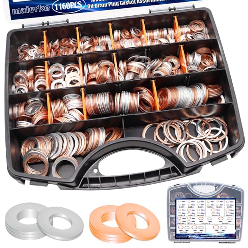 maierke 1160PCS Crush Washer Oil Drain Plug 18 Sizes Copper and Aluminum Oil Drain Plug Gasket Assortment Automotive Engine Crush Washers (M6 M8 M10 M12 M14 M16 M18 M20 M22 M24)