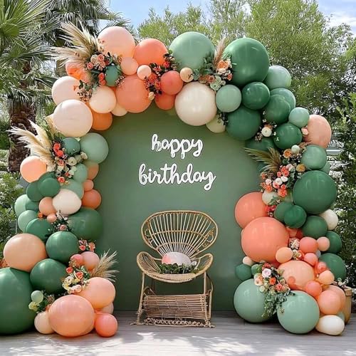 Sage Green Peach Balloon Arch, Double Stuffed Dusty Green Pastel Orange Blush Nude Matte Balloon Garland Kit for Baby Shower Birthday Bridal Wedding Easter Party Decoration