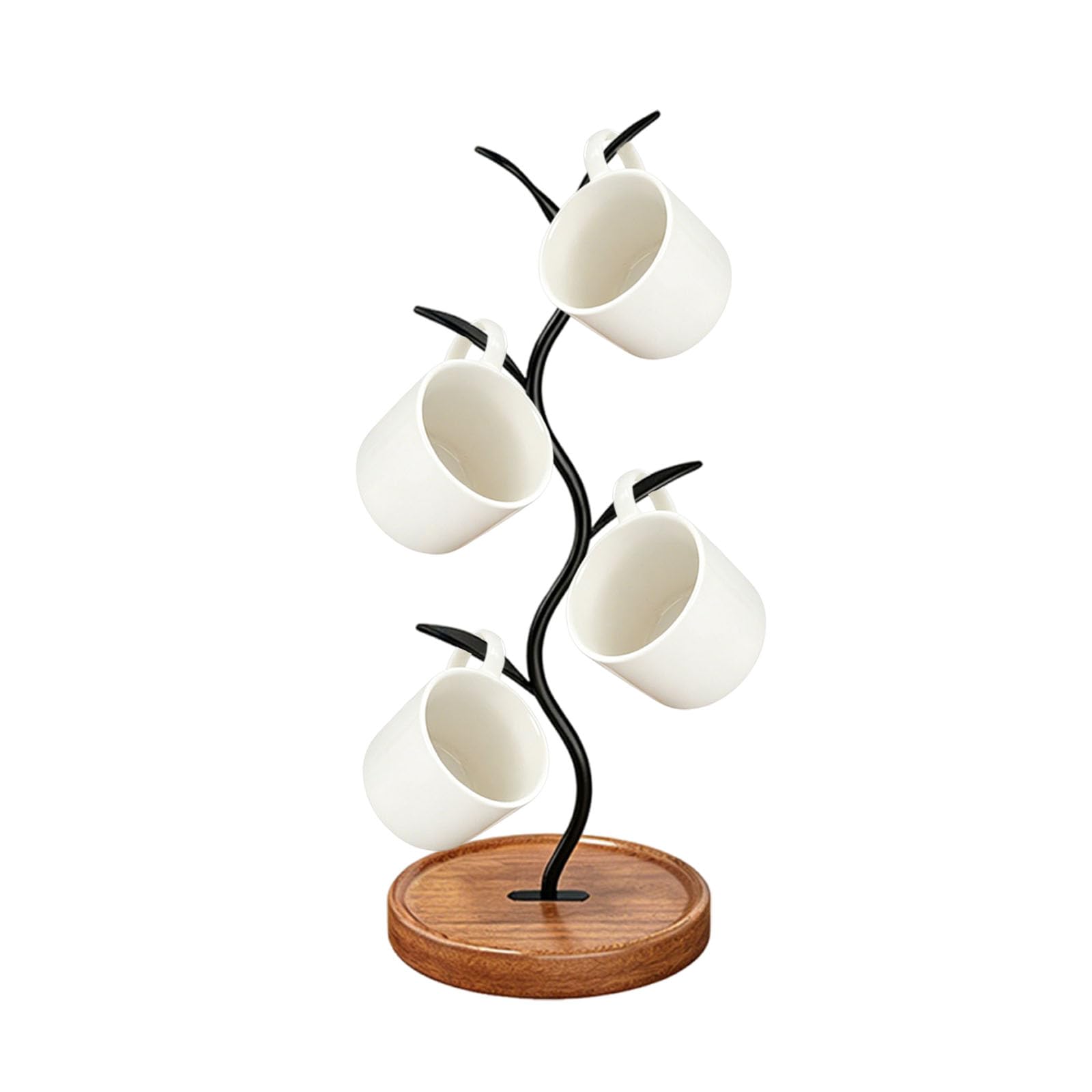 ZBELLO 4 Hooks Wooden Mug Tree Anti-Slip Base Coffee Cup Holder Storage Rack for Kitchen Counter Coffee Bar Home Decor (B)