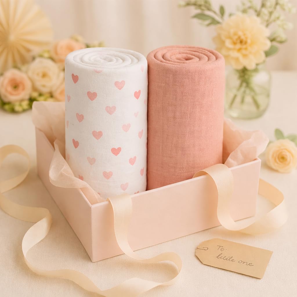 Soft 100% Cotton Swaddles for Newborns, 2- Pack - Large, Breathable Baby Blanket - Versatile, Durable Muslin Swaddle Blankets - Perfect Newborn Essentials (Hearts/Pink)