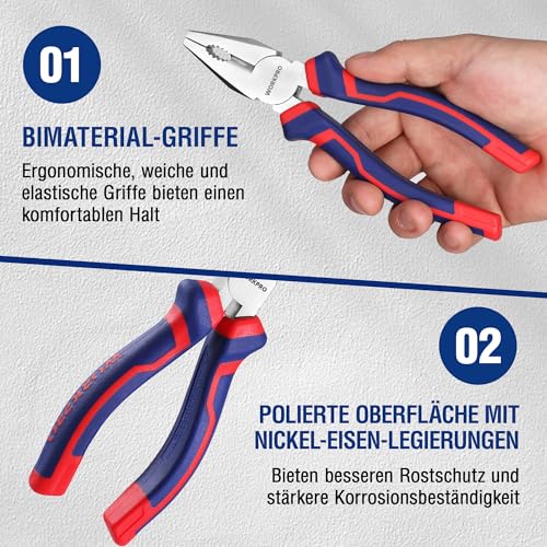 WORKPRO Zangen Set 3tlg. Zangensatz Kombizange 180mm Spitzzange 160mm Seitenschneider 160mm Profi Zangenset für Heimwerker, Profis, DIY, Reparatur