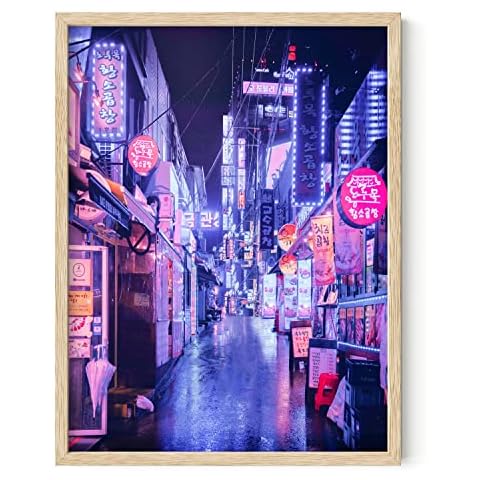 RipGrip Neon Wall Art - City Seoul Korea Poster, Bedroom Decor for Teen Boys, Aesthetic Posters (Beige Frame, 12x16) Cover