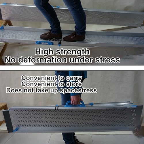 Rampa ajustable de aluminio resistente para silla de ruedas, con orificios antideslizantes y tapete, portátil miniatura 7