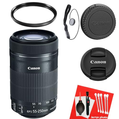Canon EF-S 55-250mm f/4-5.6 is STM Lens for Canon EF-S-Mount APS-C DSLRs + UV Filter + Dust Blower + Sensor Brush Pen + Cap Keeper (8pc Bundle) (Renewed), Black
