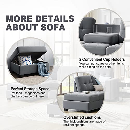 Merax L Shaped Sectional Sofas 3-Seat Sofa Sets Sectional Sofa Couches With Reversible Chaise Lounge, Cup Holders And Storage Ottoman For Living Room Furniture (Grey Fabric) #TOP7