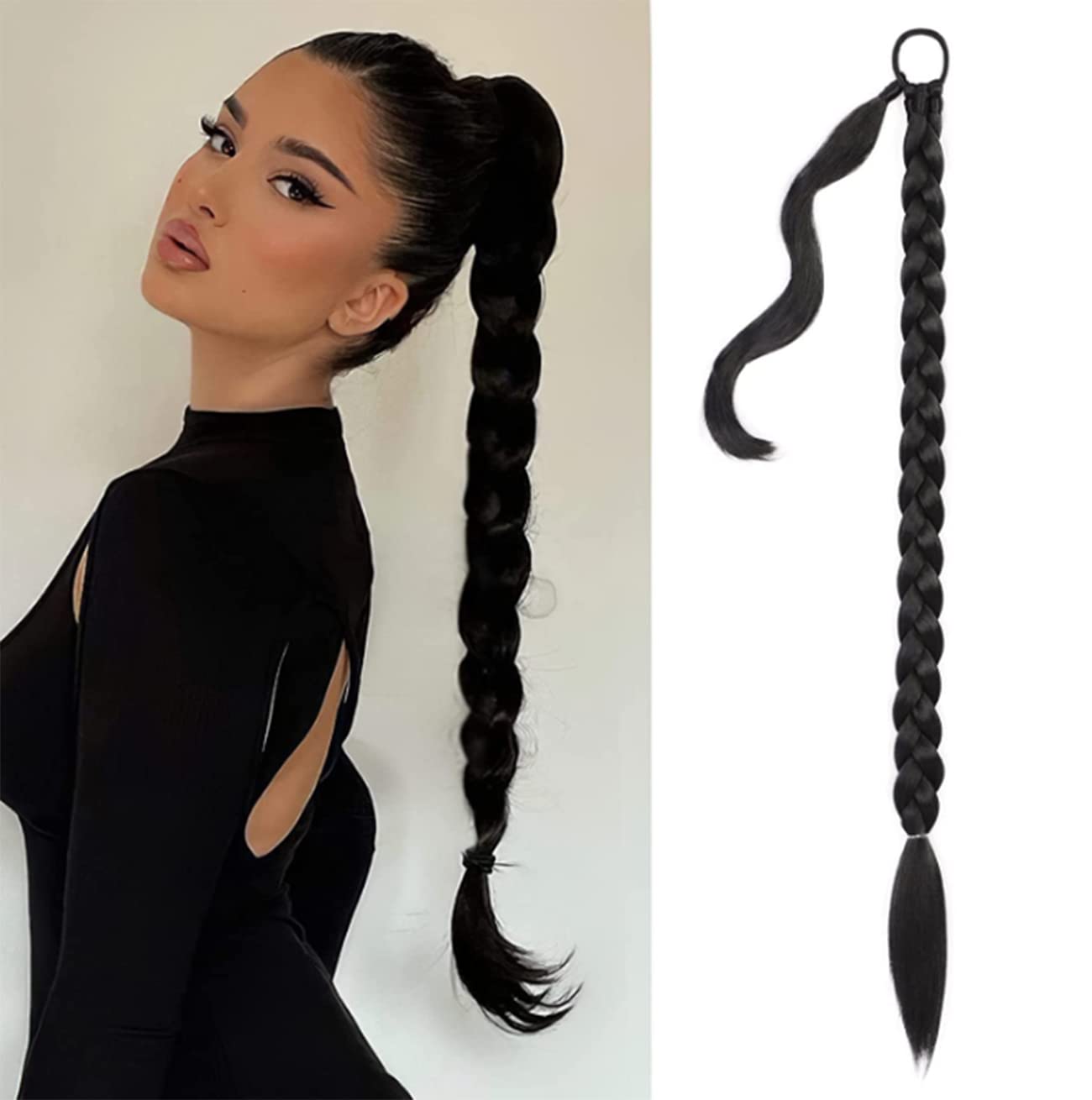 Geflochtene Pferdeschwanzverlängerung Aus Synthetischem Haar – 40 Cm, Schwarz, Mit Elastischem Band Für Schnelles Styling