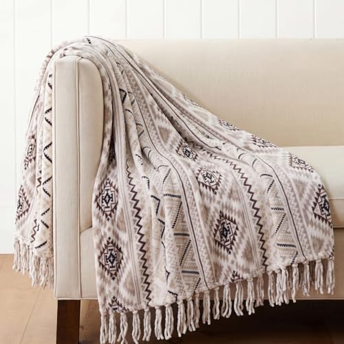 CASAAGUSTO Boho Throw Blanket with Tassel Farmhouse Western Flannel Bohemian Blanket Vintage Native Mexican Decorative Throw Ideal for Gifting (50x60 Inches Beige and Gray)