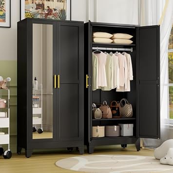 Metal Armoire Wardrobe Closet Storage Cabinet with Mirror Black, 71 Wardrobe Cabinet with Hanging Rod Metal Closet with 2 Adjustable Shelves for Bedroom, Laundry Room, Cloak Room