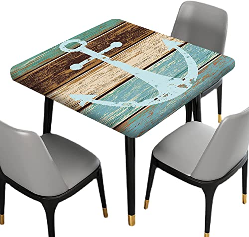 Wood Grain Fitted Tablecloths Square, Boat Anchor On Teal Green Rustic Wooden Planks Elastic Edged Table Cover, Dust Proof Washable Tablecloth For Family Picnic Bbq Party Use, Fits To 36X36 In Table #TOP1
