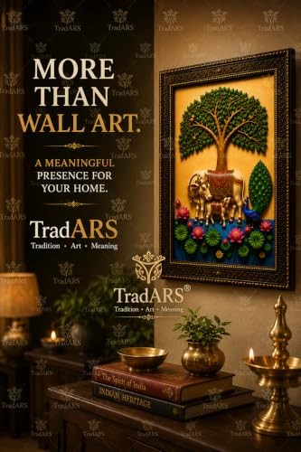 Image of Kamadhenu Cow & Calf Wall Photo Frame with Tree of Life, Peacock & Lotus | 8 x 12 Inch(20.32 x 30.48 cm) Religious Wall Decor for Living Room, Pooja Room & Bedroom | Vastu Home Decoration | Housewarming Gift
