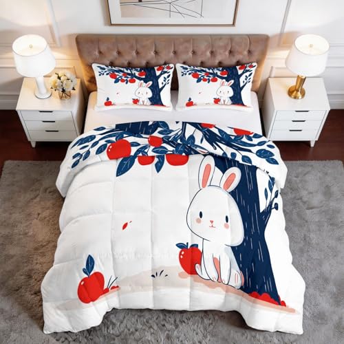 WHUOEUCO Edredon Nórdico Cama 105 180x220 cm Conejo De Dibujos Animados Manzano Edredón 4 Estaciones Estampado Reversible Acolchado Ultra Suave con 2 Fundas de Almohada para Niños y Adulto