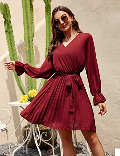 Wine Red Dress For Women Lantern Sleeve Wrap V Neck Dress Pleated Cocktail Dresses With Belt M #TOP1