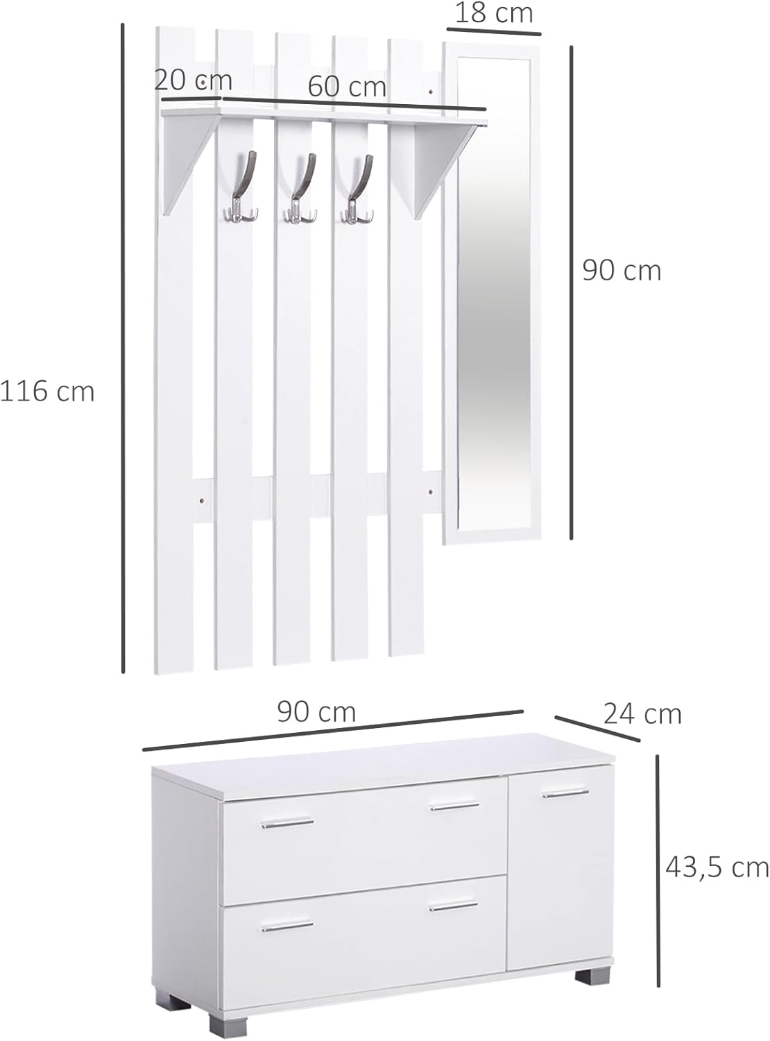 Technical drawing with dimensions of the coat rack and shoe cabinet