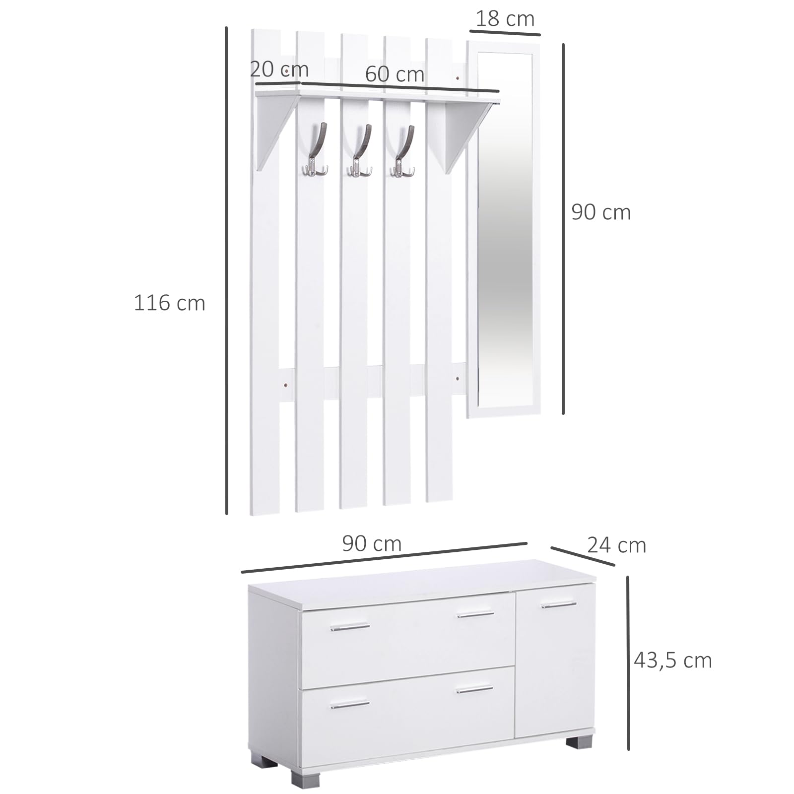 HOMCOM Conjunto de Recibidor de Entrada con Espejo Perchero y Zapatero Muebles de Entrada con 3 Ganchos Estante y 2 Cajones para Pasillo Blanco