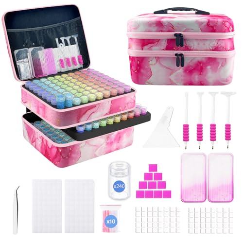 Image of 240 Slot Diamond Art Storage Box | Pink Bead Organizer Case with Drill Tools, Portable Craft Box, For 5D DIY Art Kits