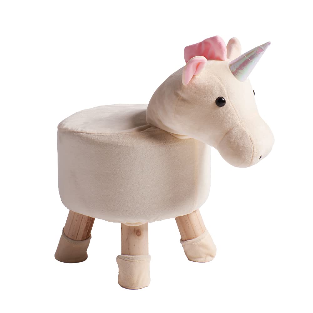 Pouf Unicorno per Bambini Bianco e Rosa con Gambe in Legno - Rivestimento Sfoderabile