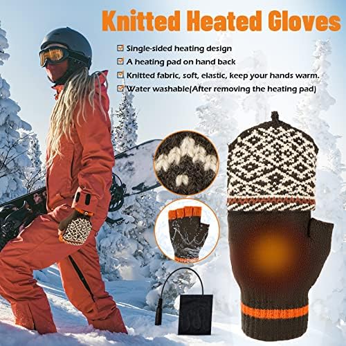 Holres USB Heated Gloves Full Half Fingers Heating Warm Gloves Knitting Mittens for Women Men Girls Boys Adjustable Temperature Washable Winter Warm Laptop Gloves for Indoor or Outdoor (Brown)