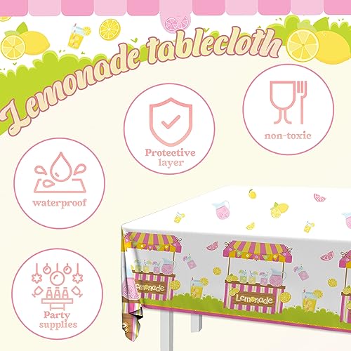 Image of CMUSKO Lemonade Table Cloth, 3Pcs Lemonade Stand Decorations Lemon Tablecloth Rectangle Plastic Table Cover for Summer Fruit Lemon Themed Birthday Party Baby Shower Supplies, 108 x 180 cm
