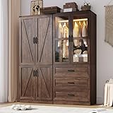 75' Tall Farmhouse 4 Doors Armoire Wardrobe Closet with 3 Drawers and LED,Freestanding Closet Wardrobe Cabinet for Bedroom with Hanging Rod,Wooden Armoire Storage Cabinet with Adjustable shelve(Brown)
