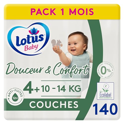 Lotus Baby Douceur naturalne pieluchy, 10, 14 kg, opakowanie 1 miesiąc, białe, rozmiar 4+ (140 sztuk)