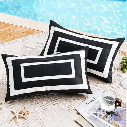 Pyonic Outdoor Waterproof Throw Pillow Covers 12 X 20 Inches Black and White Geometric Modern Pillow Covers for Patio Garden Porch Set of 2