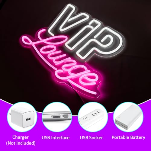 Image of VIP Lounge Neon Signs for Wall Decor, LED Neon Lounge Sign for Room, Pink White Letters Neon Signs USB Powered Neon Wall Signs for Bar, Hotel, Cafe, VIP Room, Man Cave, Club, Beauty Salon