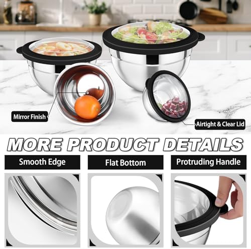 P&P CHEF Mixing Bowl with Lid Set of 7, Stainless Steel Nesting Salad Bowls for Cooking Serving Prepping, Clear Lids & Stackable Design, Size 4.6, 3.5, 3, 2, 1.5, 1, 0.7 Qt - Black - Thumbnail 4