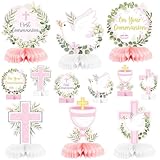 ANGOLIO 12Pcs First Holy Communion Party Decorations - Pink White Religious Cross, Chalice & Dove Centerpieces, Honeycomb Centerpieces Tables Photo Props Party Supplies for Child’s Blessed Celebration