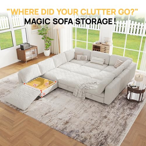 Image of Oversized Modular Sectional Chenille Sofa Bed with Hidden Storage, Comfy Modern 10 Seater Deep Seat Couch, Modular Sectional with Ottoman and Removable Cover for Living Room, Apartment, Beige