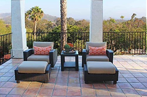 Duxbury 5 Piece All Weather Wicker Swivel Club Chair Set, Dark Brown Chocolate Wicker with 5" Thick Sunbrella Cushions Measures 35" w X 36.6" d X 29" h (Sunbrella Heather Beige)