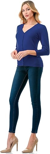 Miniatura 6 de Suéter de punto con botones y manga 34 con cuello en V para mujer (S-XXL)