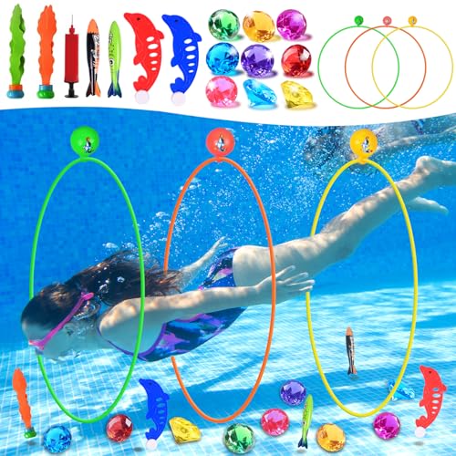 EnriQ Pool Toys Diving Rings Swim Thru Rings Pool Game Swim Toys with Dive Ring Underwater Diving Gems Fish Diving Toys for Boys Girls Teens Adults by EnriQ - Used condition - US$18.99