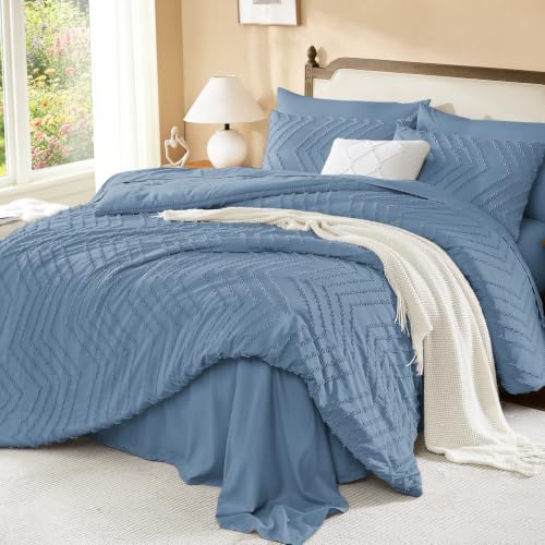 Image of Litanika Super King Plus Size Comforter Set with Sheets Grayish Blue - 7 Pieces Bed in a Bag Oversized King Boho Tufted Complete Bedding Sets with Comforter, Sheets, Pillowcases & Shams