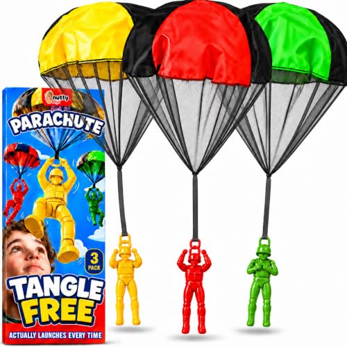 NUTTY TOYS Parachute Toys for Kids - Tangle Free Outdoor Flying Parachute Men, Top Indoor & Outside, 3 4 5 6 7 8 9 10 11 12 Year Old, Best Christmas Stocking Stuffers Idea 2026 Unique Boy & Girl Gifts