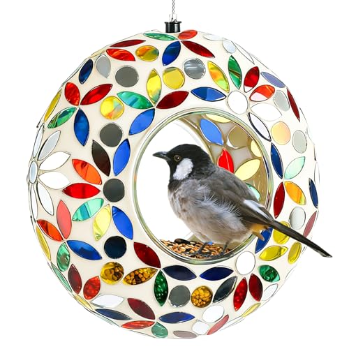 Tegarbed 6 Inch Mosaic Glass Fly Through Bird Feeder for Outdoors White